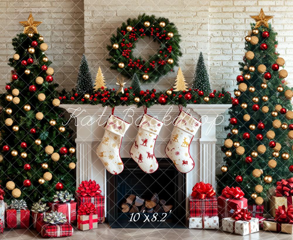 Kate Christmas Fireplace Stockings Trees Backdrop Designed by Mini MakeBelieve -UK