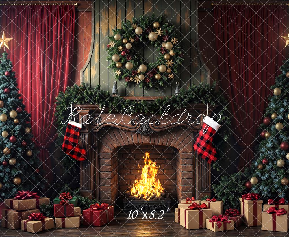 Kate Christmas Fireplace Wreath Stockings Trees Backdrop Designed by Mini MakeBelieve -UK