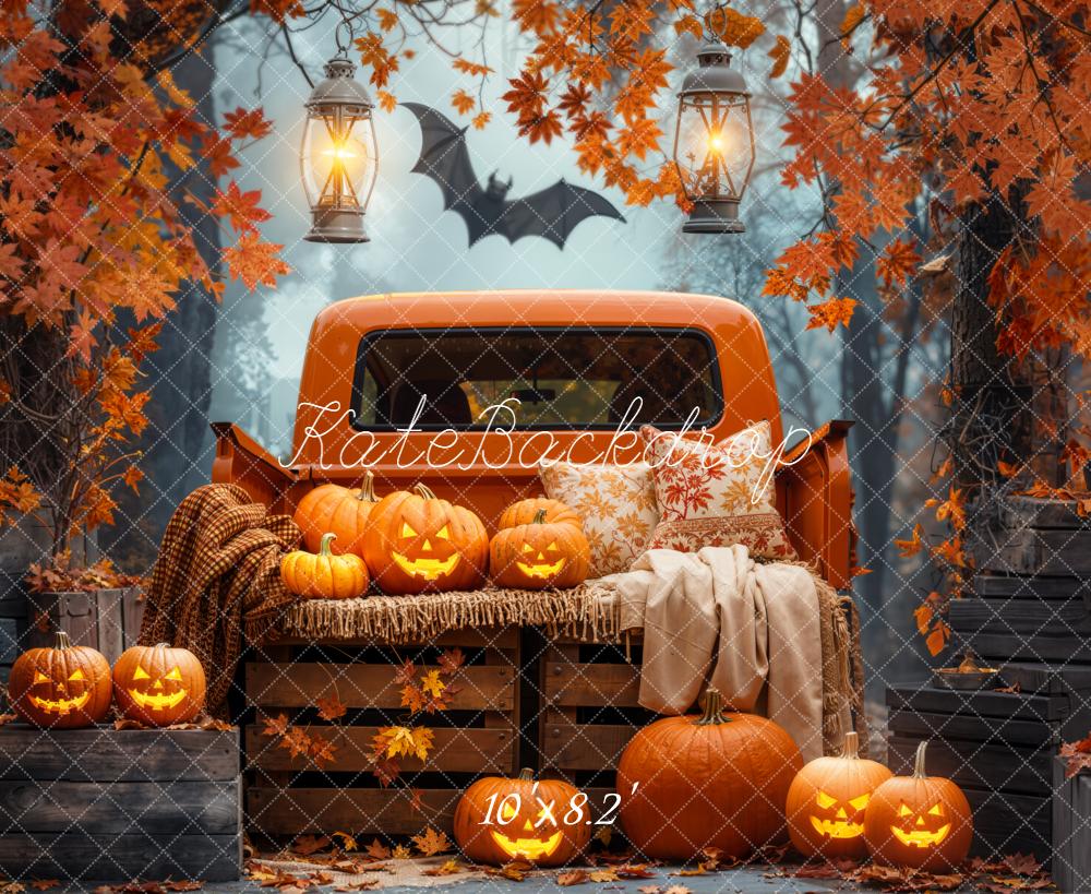 Kate Halloween Truck Pumpkins Autumn Forest Backdrop Designed by Emetselch -UK