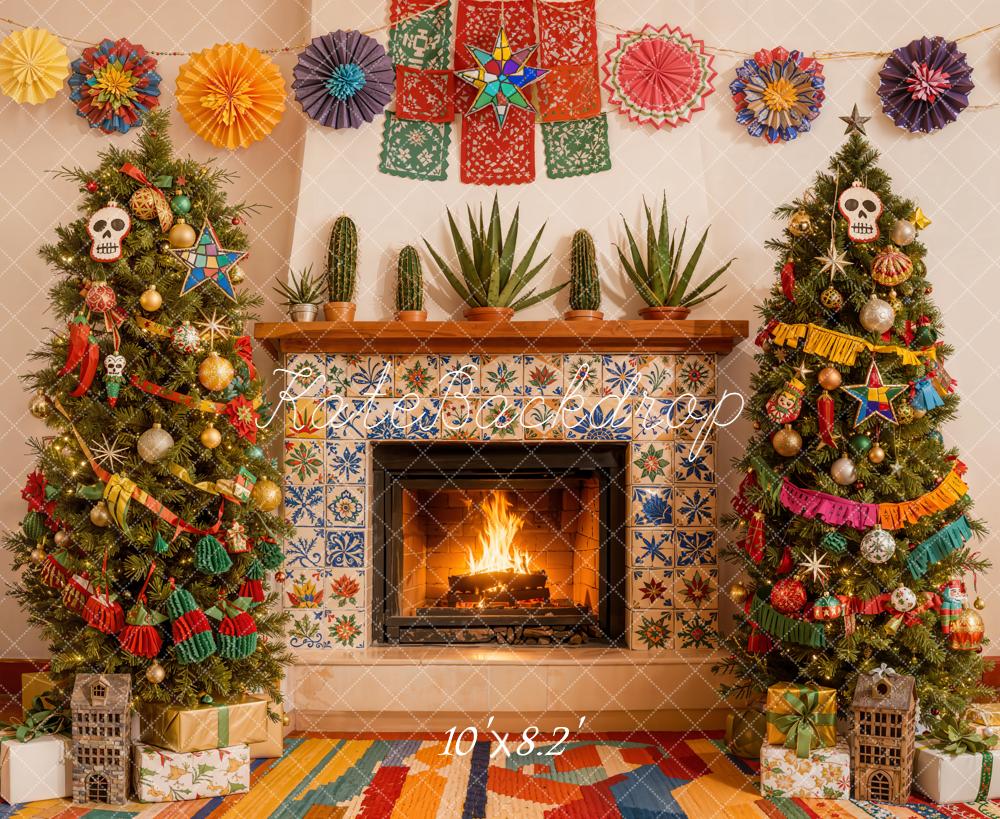 Kate Christmas Colourful Fireplace Trees Fleece Backdrop Designed by Emetselch -UK