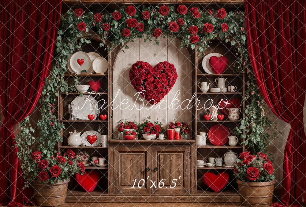 Kate Valentine Roses Heart Shelves Red Curtains Fleece Backdrop Designed by Emetselch