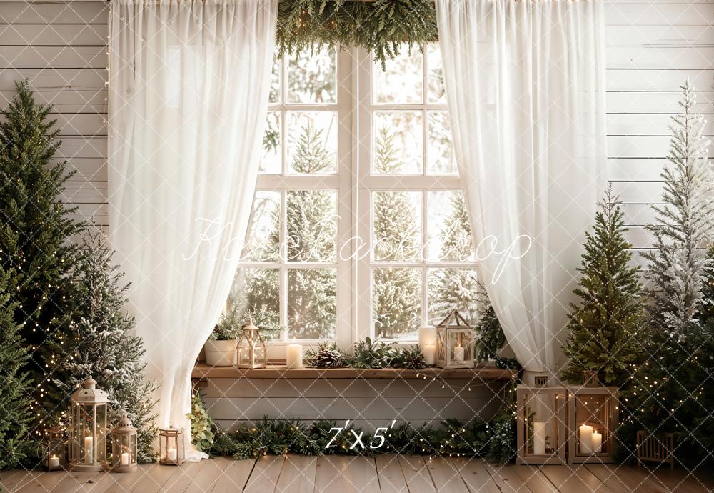 Kate Christmas Window Trees Candles White Curtains Backdrop Designed by Emetselch