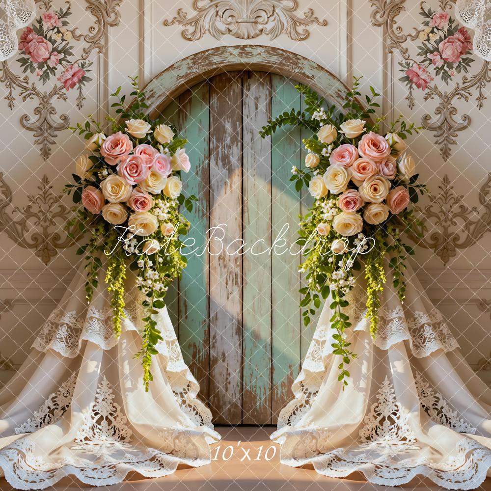 Kate Wedding Roses Rustic Door Lace Curtains Backdrop Designed by Mini MakeBelieve -UK
