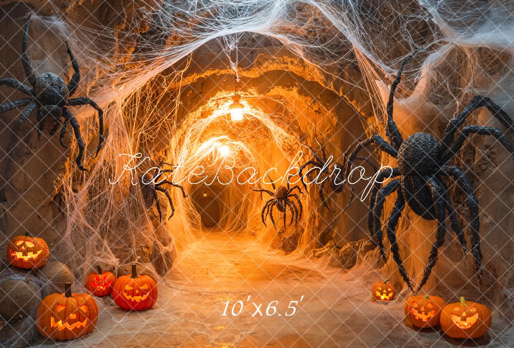 Kate Halloween Spider Web Pumpkins Tunnel Fleece Backdrop Designed by Emetselch -UK