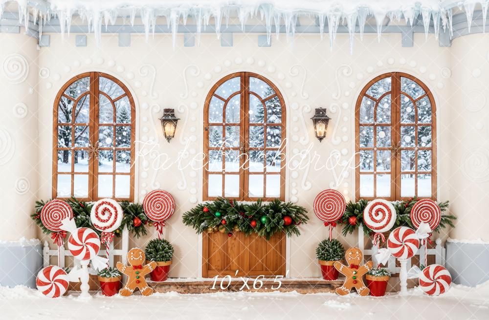 Kate Christmas Gingerbread Windows Lollipops Fleece Backdrop Designed by Emetselch