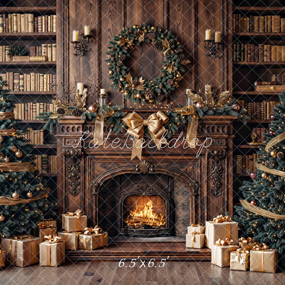 Kate Christmas Fireplace Bookshelves Trees Backdrop Designed by Emetselch