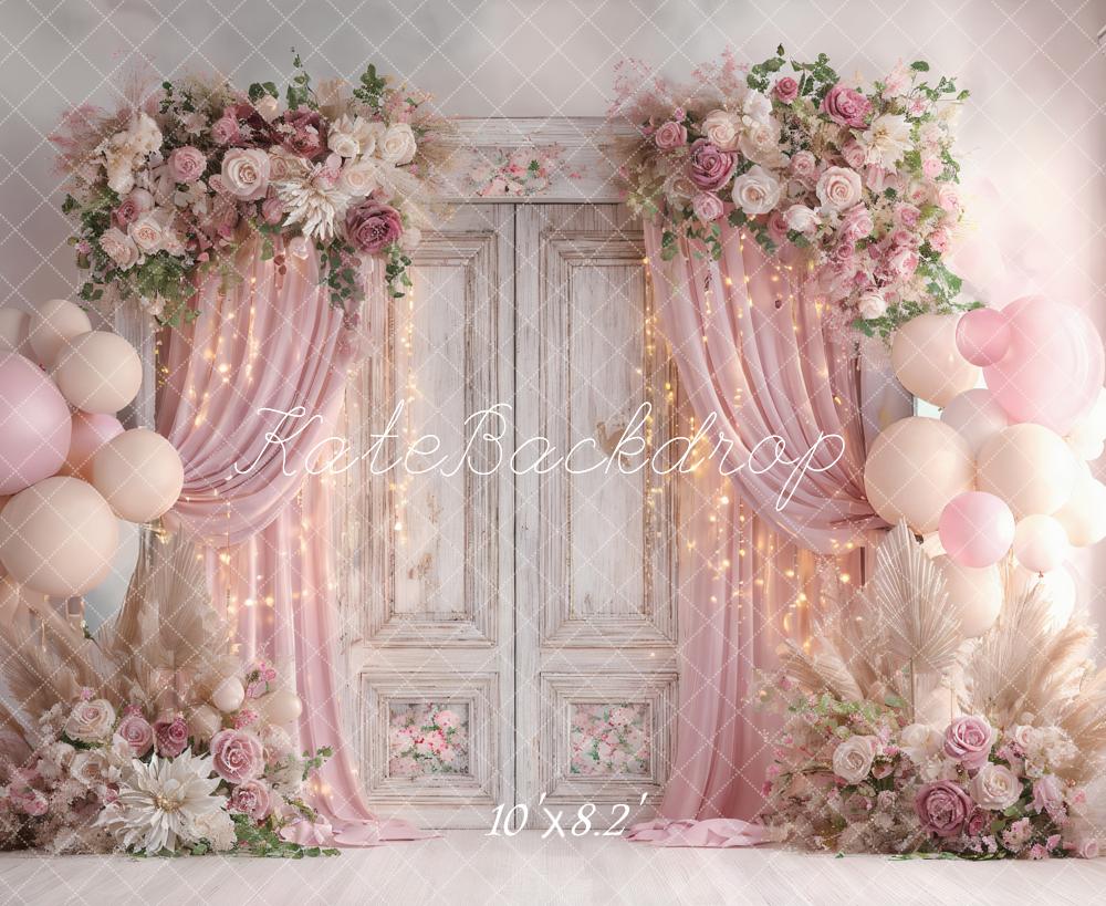 Kate Wedding Floral Vintage Door Pink Balloon Backdrop Designed by Ashley Paul
