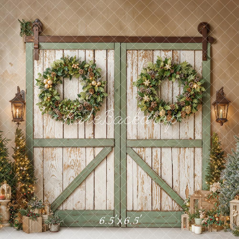 Kate Christmas Barn Door Wreaths Trees Backdrop Designed by Emetselch