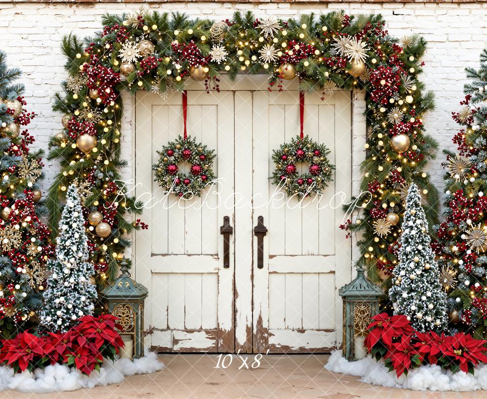 Kate Christmas Garland Trees White Door Fleece Backdrop Designed by Emetselch -UK