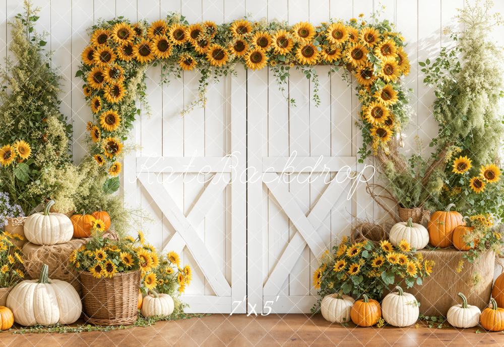 Kate Sunflower Arch Pumpkins White Barn Backdrop Designed by Emetselch