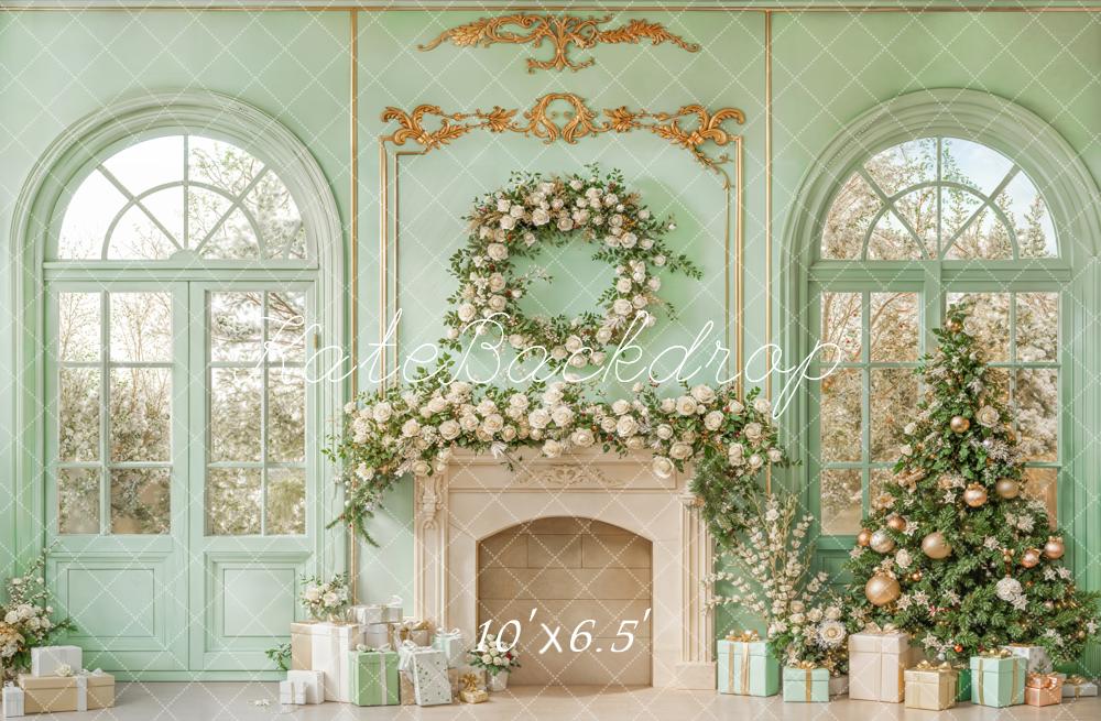 Kate Christmas Mint Fireplace Fleece Backdrop Designed by Emetselch