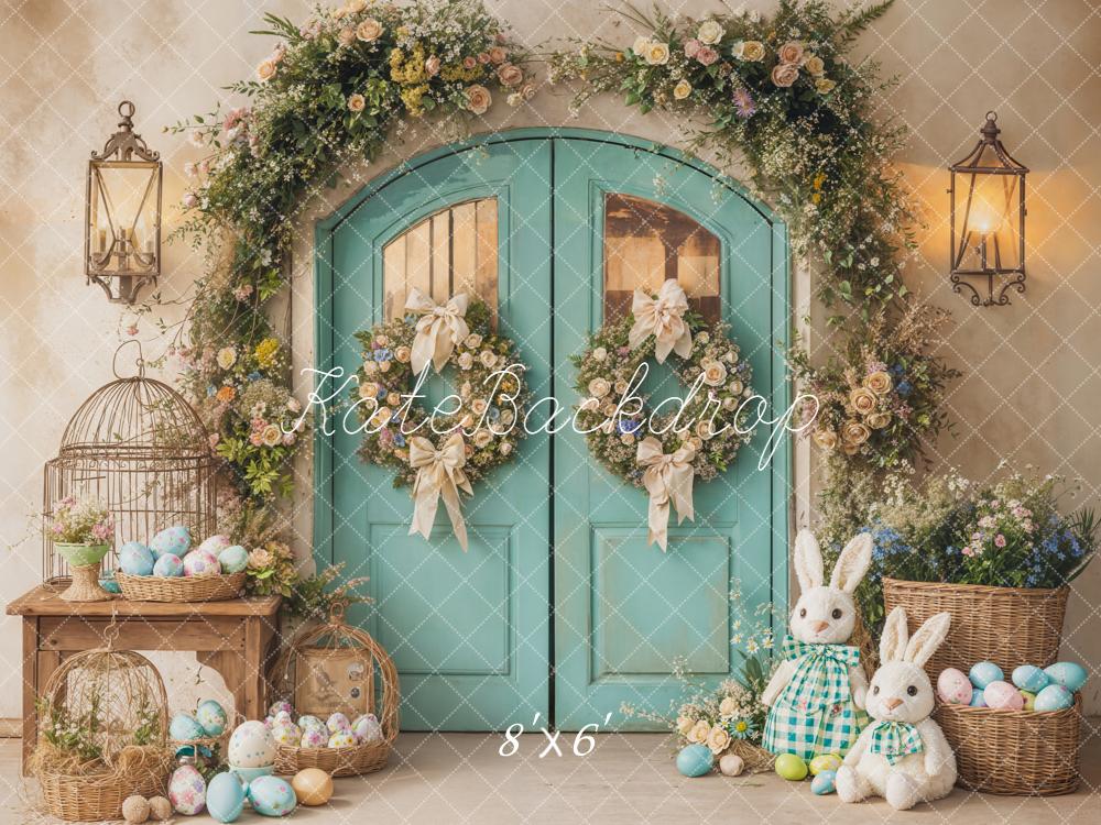 Kate Easter Bunny Floral Arch Teal Door Fleece Backdrop Designed by Emetselch -UK