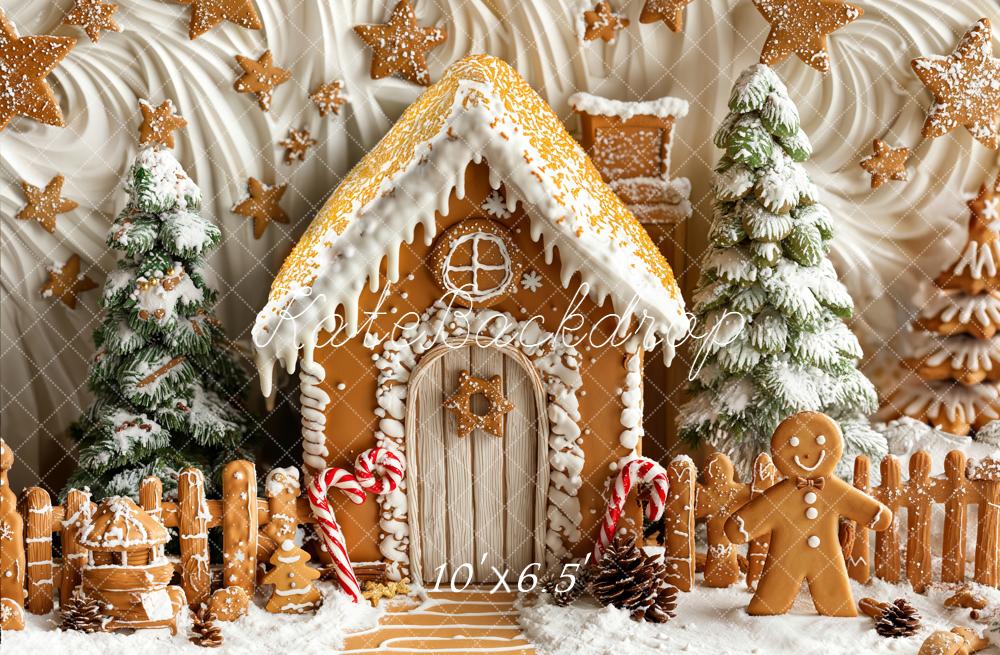 Kate Christmas Gingerbread House Snowy Trees Backdrop Designed by Emetselch
