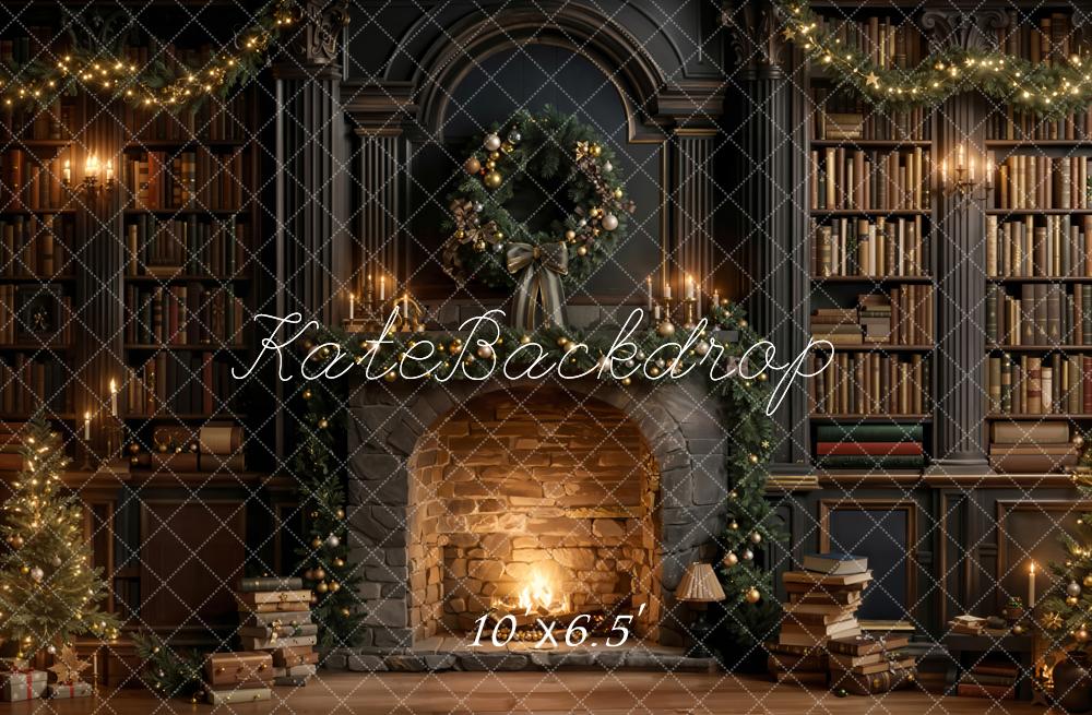 Kate Christmas Fireplace Wreath Bookcase Fleece Backdrop Designed by Emetselch