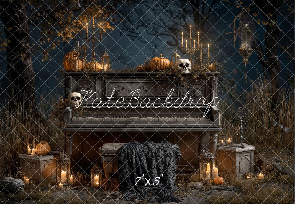 Kate Halloween Piano Pumpkins Candles Forest Backdrop Designed by Emetselch