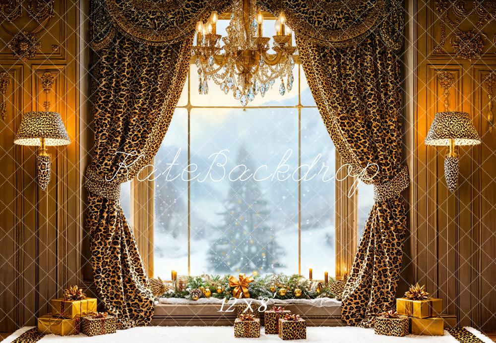 Kate Christmas Leopard Curtains Window Gifts Fleece Backdrop Designed by Emetselch -UK