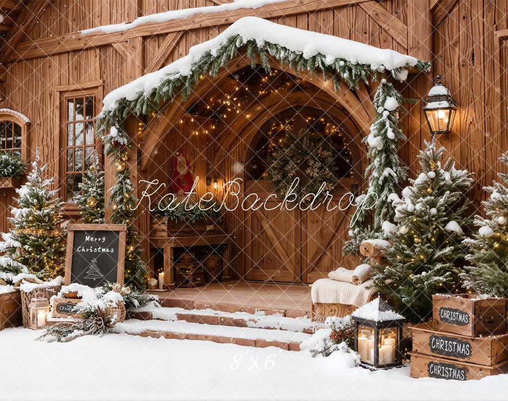 Kate Christmas Wooden House Snow Trees Fleece Backdrop Designed by Emetselch -UK