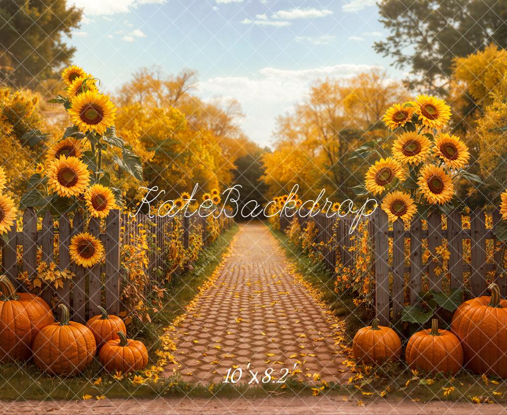 Kate Autumn Sunflower Pumpkin Cobblestone Path Backdrop Designed by Emetselch -UK