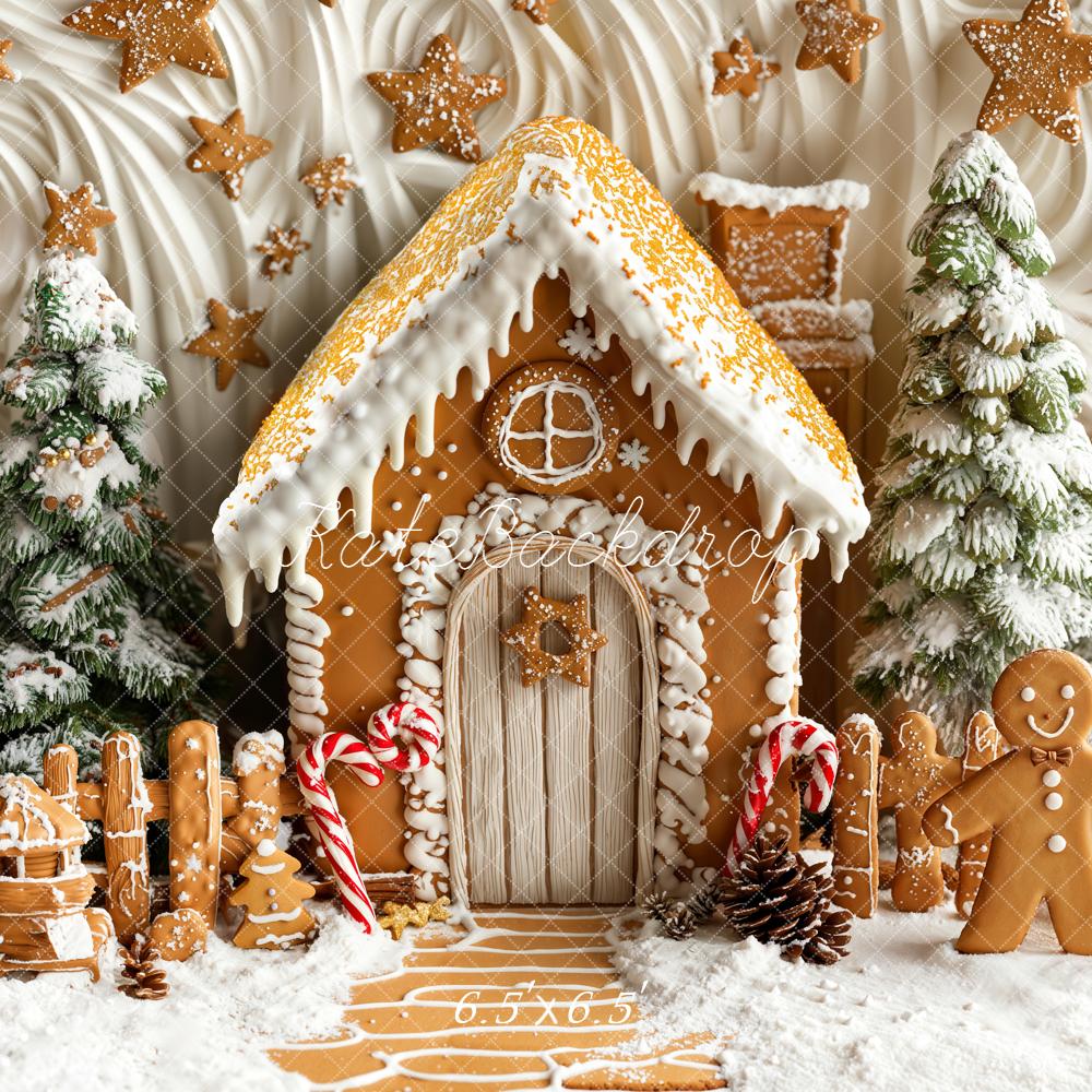 Kate Christmas Gingerbread House Snowy Trees Backdrop Designed by Emetselch