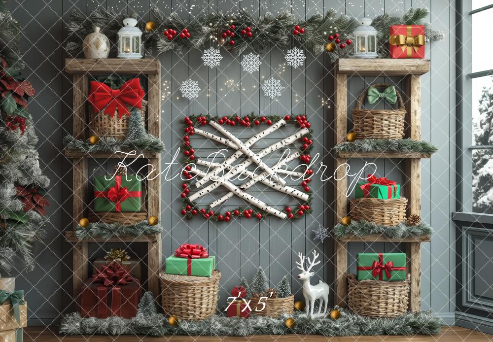 Kate Christmas Grey Wooden Shelves Presents Backdrop Designed by Mini MakeBelieve