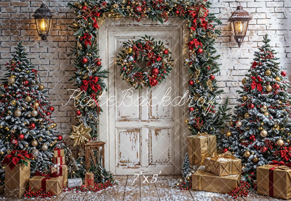 Kate Christmas Tree White Door Brick Wall Backdrop Designed by Emetselch -UK