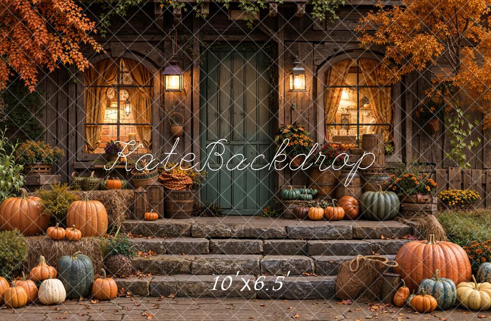 Kate Autumn Pumpkins Rustic House Leaves Fleece Backdrop Designed by Emetselch -UK