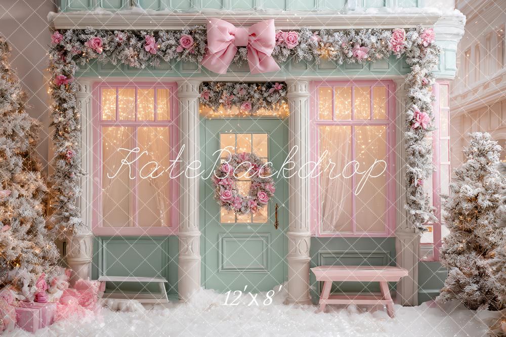 Kate Christmas Pink Bow Garland Shop Front Backdrop Designed by Ashley Paul -UK
