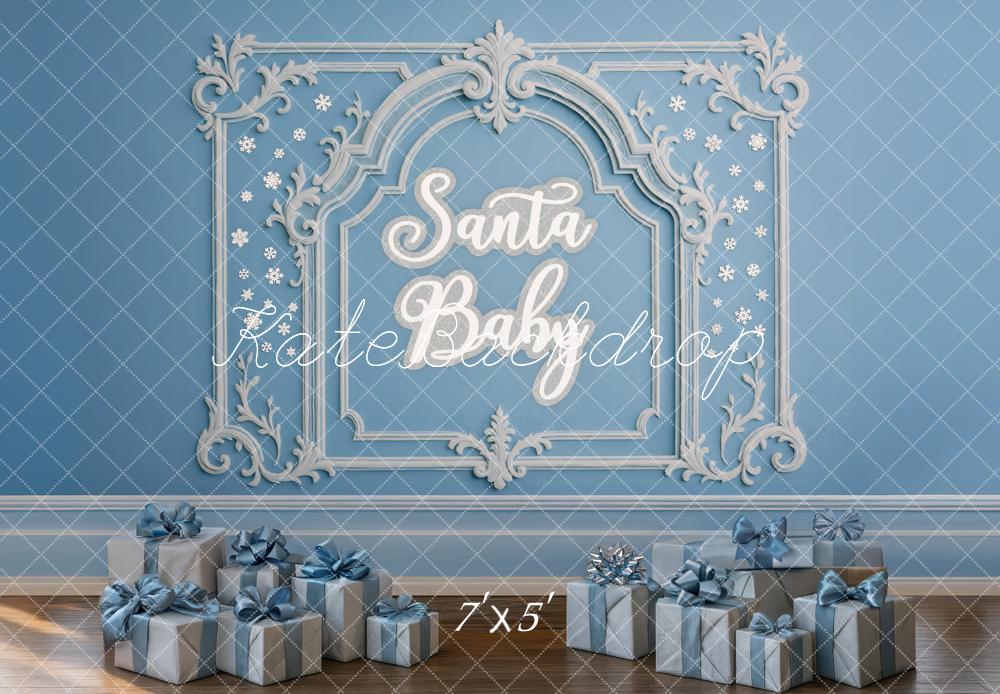 Kate Christmas Blue Ornate Frame Presents Backdrop Designed by Mini MakeBelieve