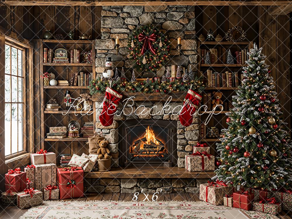 Kate Christmas Fireplace Tree Rustic Fleece Backdrop Designed by Emetselch