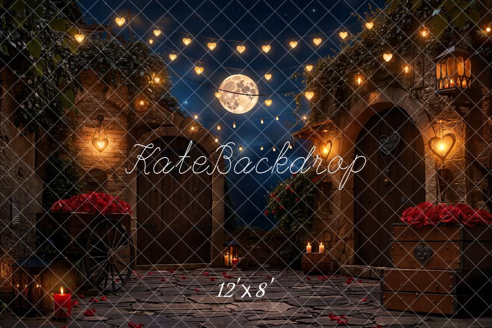 Kate Romantic Courtyard Heart Lights Moon Roses Fleece Backdrop Designed by Emetselch -UK