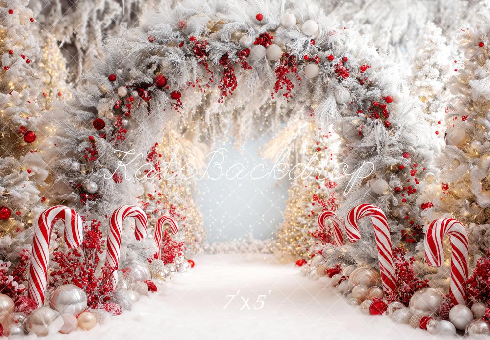 Kate Christmas Candy Cane Arch Snowy Trees Backdrop Designed by Patty Robert
