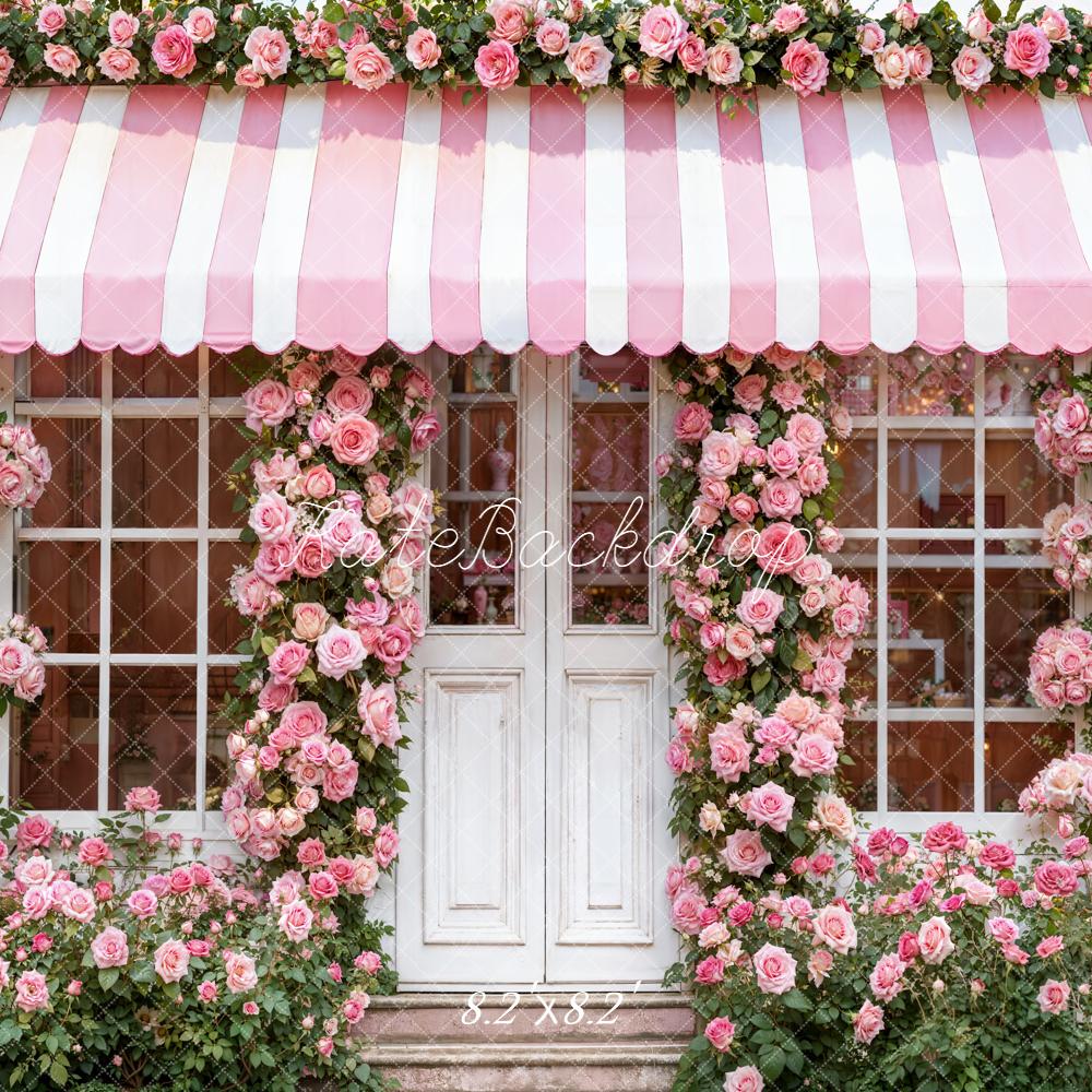 Kate Pink Rose Door Striped Awning Backdrop Designed by Emetselch