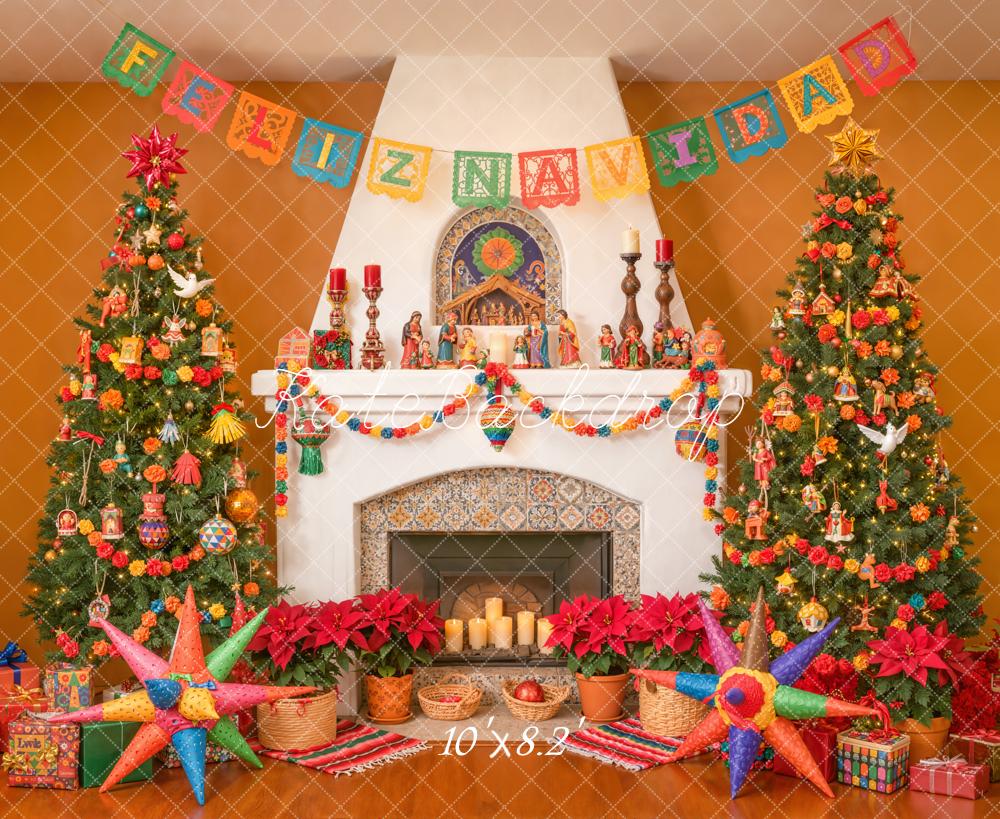 Kate Christmas Fireplace Festive Trees Piñatas Backdrop Designed by Emetselch -UK