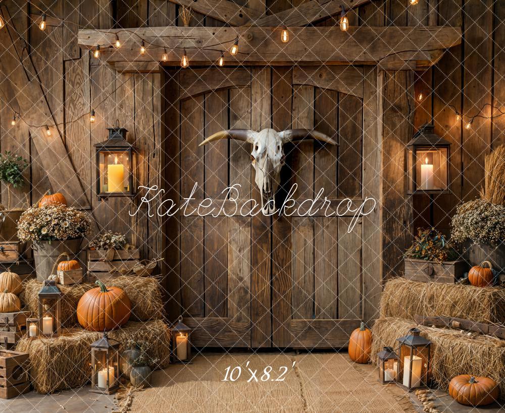 Kate Autumn Barn Lantern Pumpkin Hay Fleece Backdrop Designed by Emetselch -UK