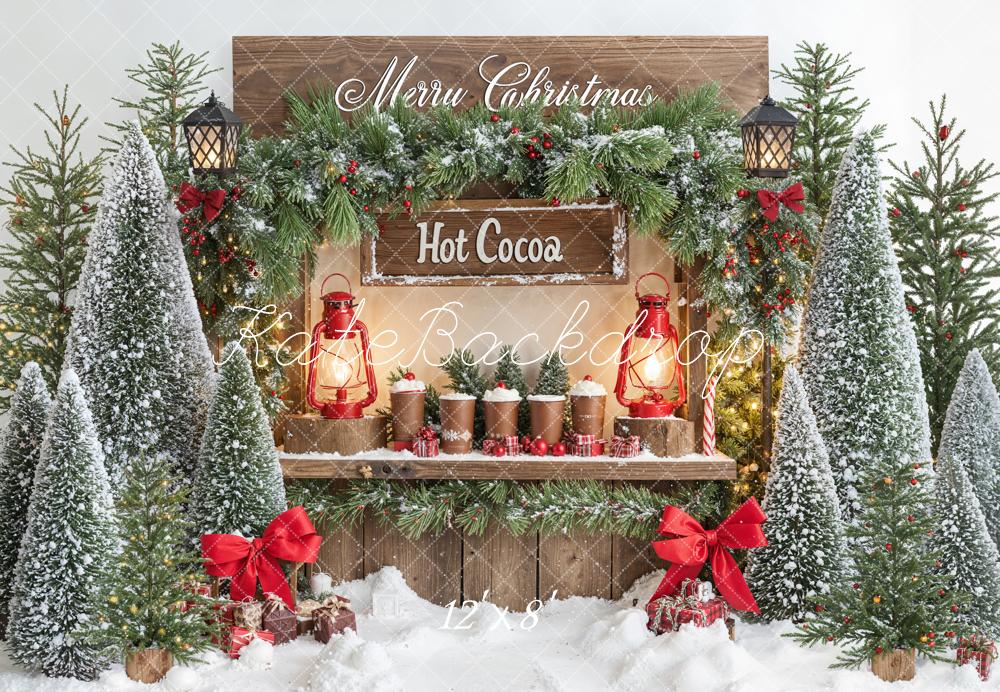 Kate Christmas Hot Cocoa Stand Snowy Trees Fleece Backdrop Designed by Emetselch -UK