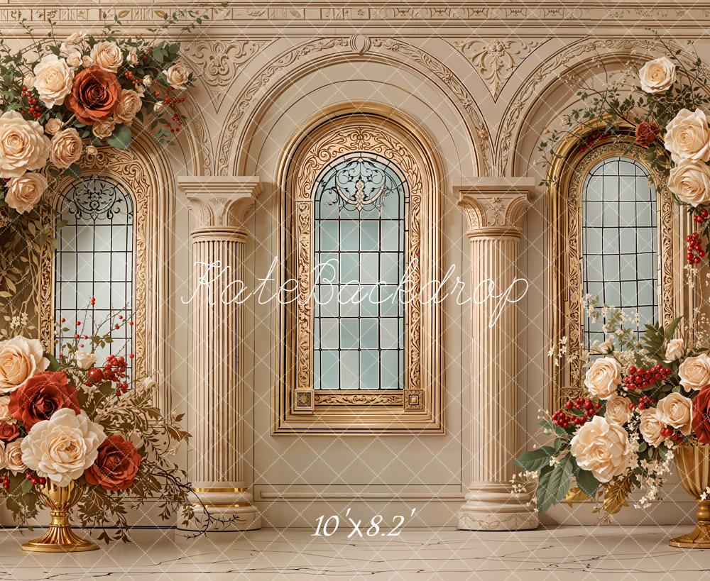 Kate Floral Arch Columns Gold Windows Fleece Backdrop Designed by Emetselch -UK
