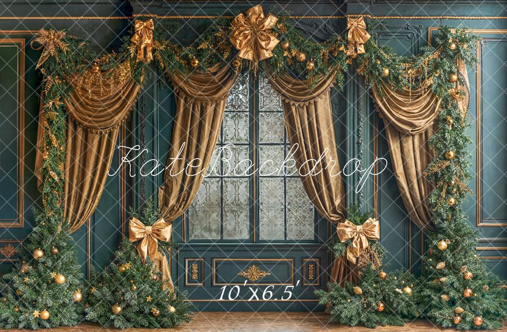 Kate Christmas Window Gold Drapes Garland Fleece Backdrop Designed by Emetselch -UK