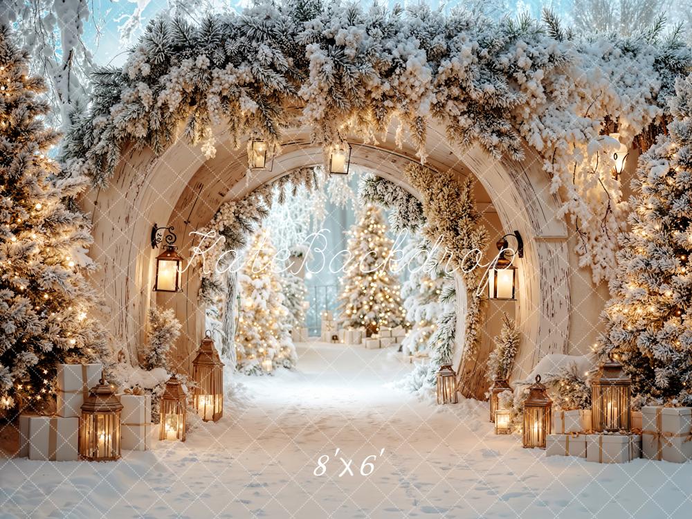 Kate Winter Arch Snow Covered Christmas Trees Lanterns Backdrop Designed by Emetselch -UK