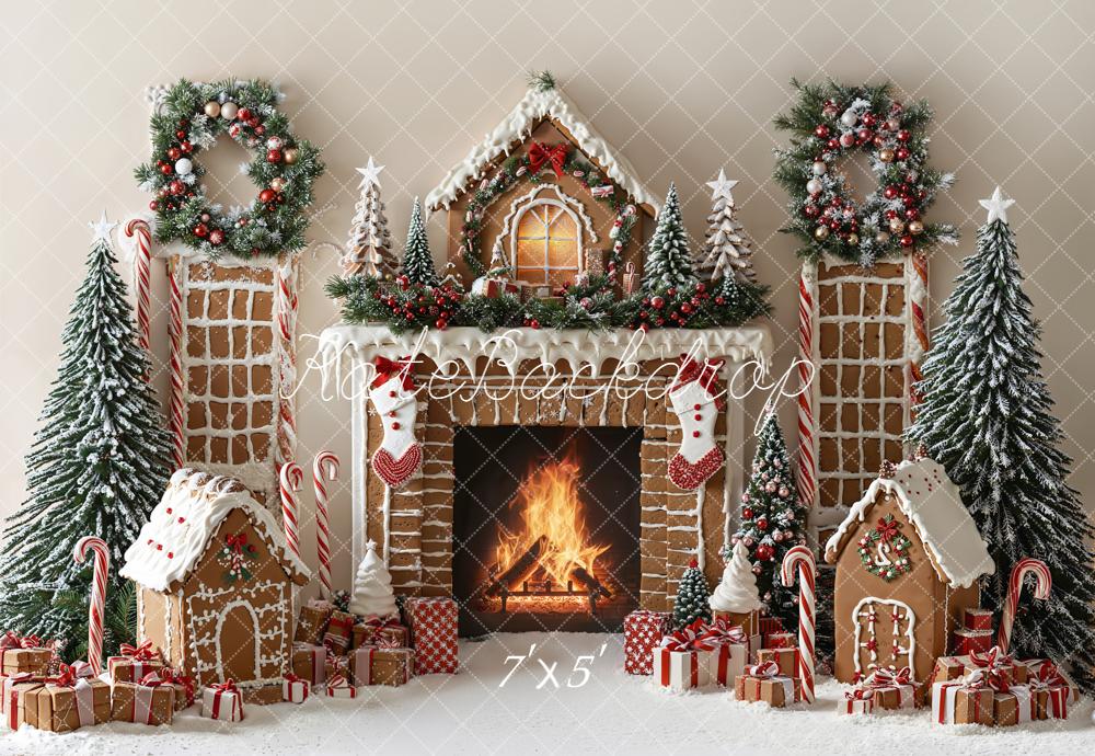 Kate Christmas Gingerbread Fireplace Wreath Trees Backdrop Designed by Emetselch