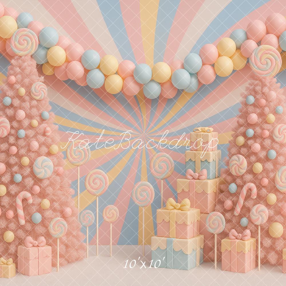 Kate Christmas Pastel Candy Trees Presents Backdrop Designed by Ashley Paul -UK