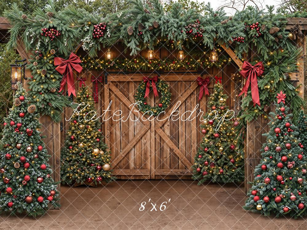 Kate Christmas Barn Door Garland Red Bows Fleece Backdrop Designed by Emetselch -UK