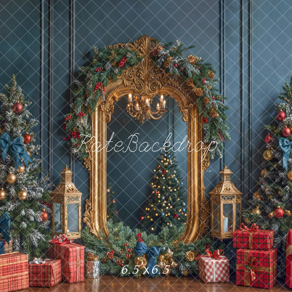 Kate Christmas Trees Gold Mirror Gifts Blue Backdrop Designed by Emetselch -UK