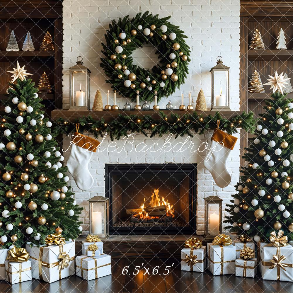 Kate Christmas Tree White Fireplace Gift Boxes Backdrop Designed by Mini MakeBelieve