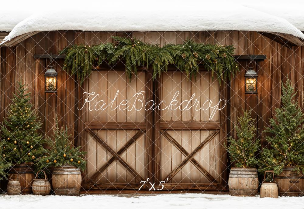Kate Christmas Barn Pine Garland Lanterns Backdrop Designed by Emetselch -UK