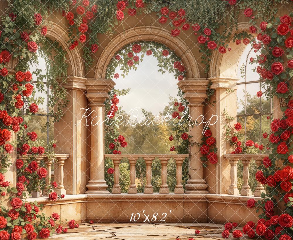 Kate Spring Rose Arch Stone Columns Fleece Backdrop Designed by Emetselch -UK