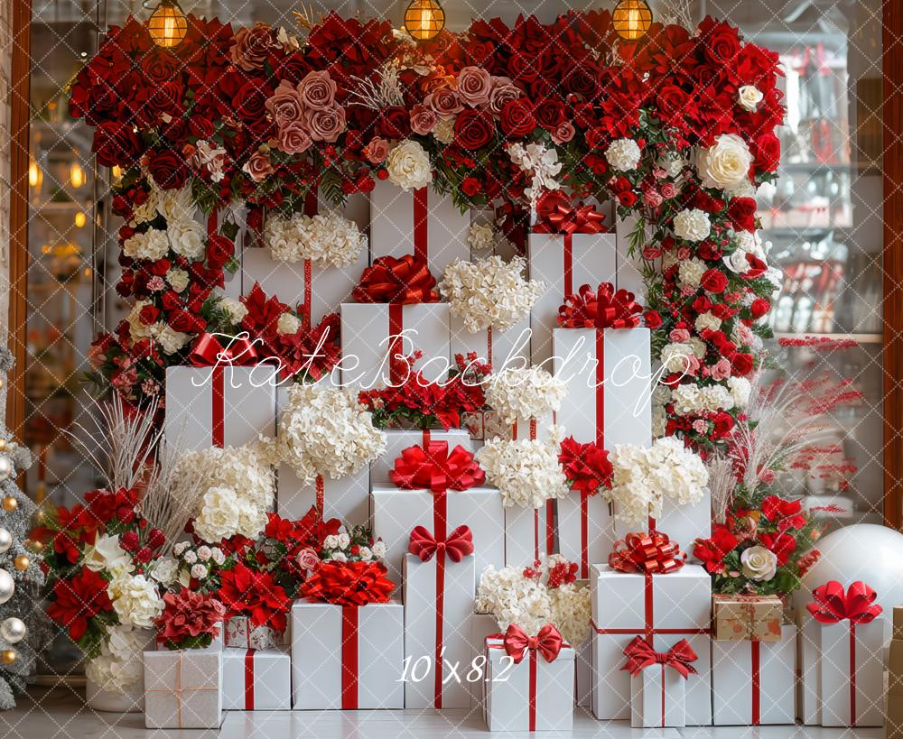 Kate Christmas Gift Boxes Red White Flowers Backdrop Designed by Mini MakeBelieve -UK