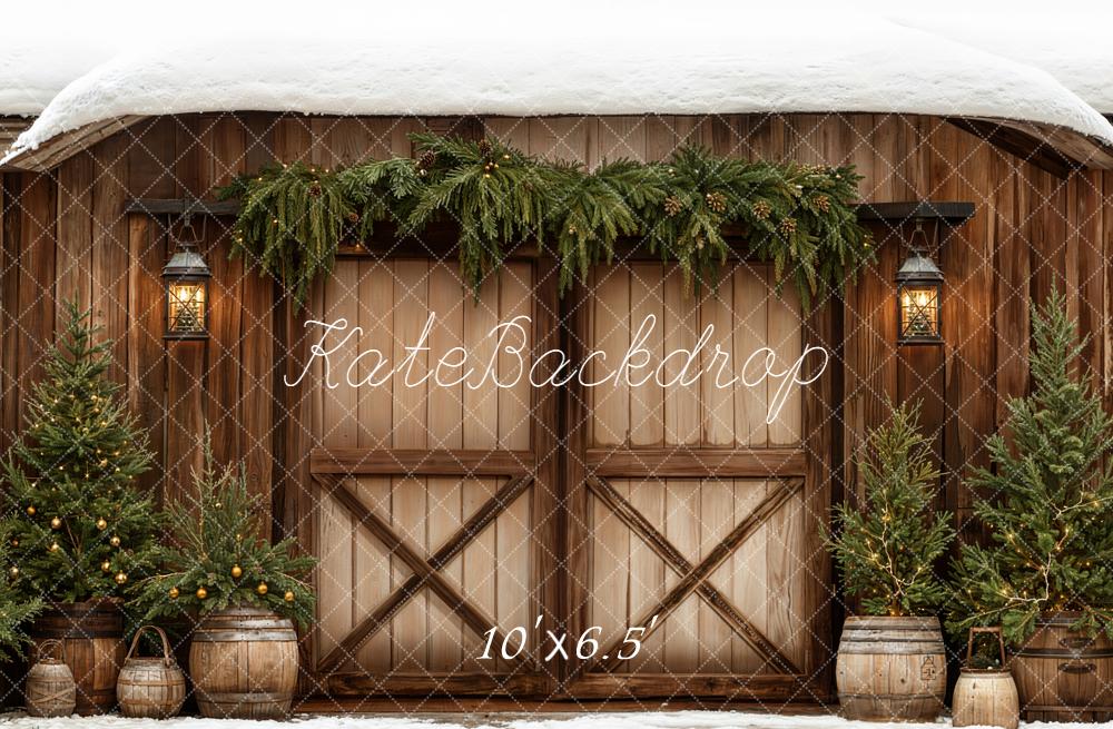 Kate Winter Barn Door Pine Trees Lanterns Fleece Backdrop Designed by Emetselch -UK