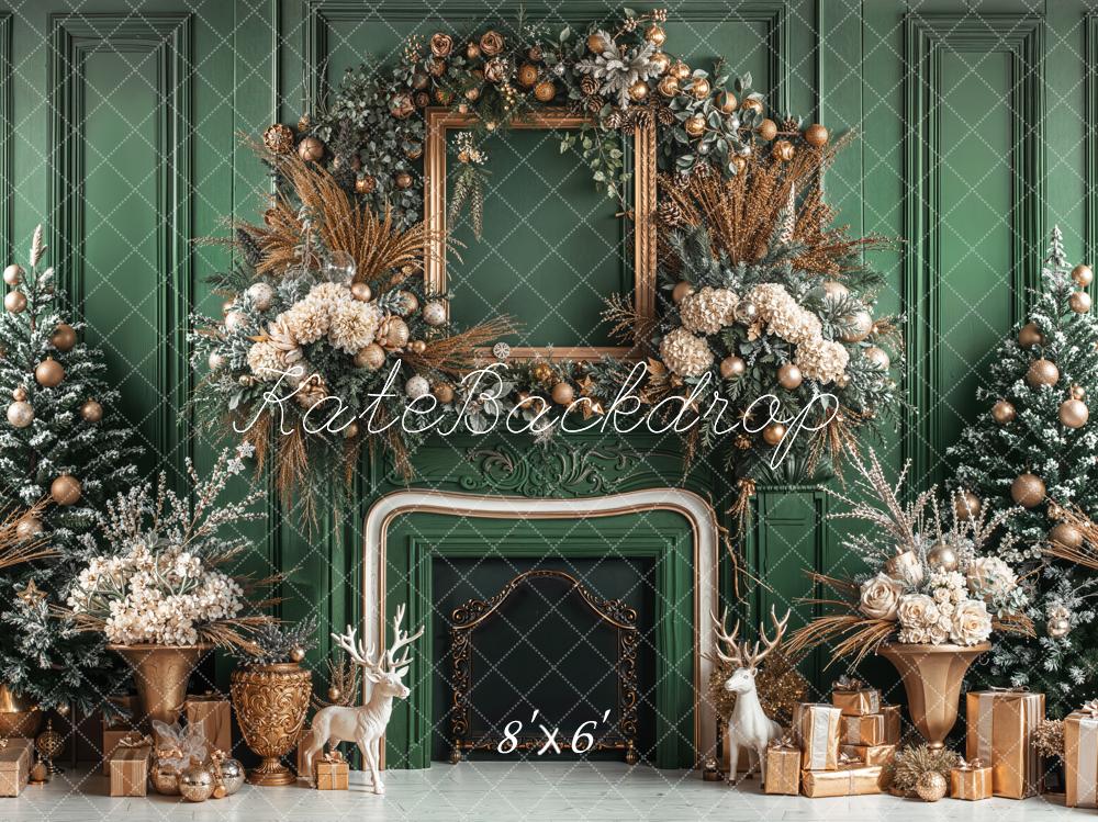 Kate Christmas Green Fireplace Fleece Backdrop Designed by Emetselch