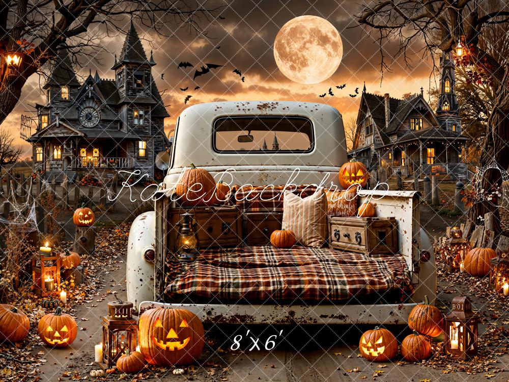 Kate Halloween Truck Haunted House Pumpkins Fleece Backdrop Designed by Emetselch -UK