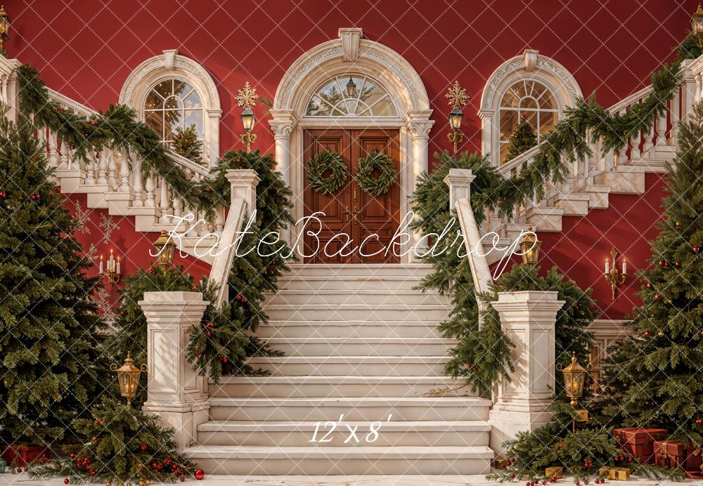 Kate Christmas Cascading Stairs Garland Red Fleece Backdrop Designed by Emetselch -UK